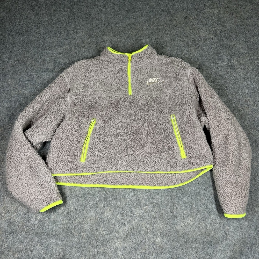Nike Jacket Women's L Deep Pile Shaggy Swoosh Fleece Sherpa Crop Pullover Neon